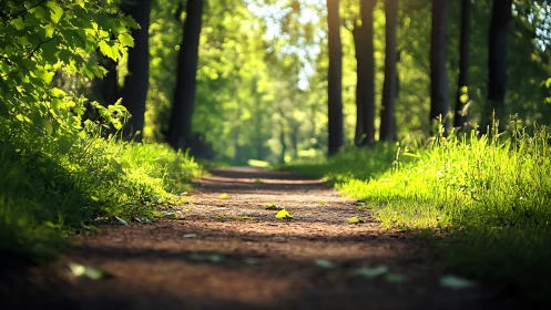 Sunlit forest path in summer, natural light, tranquil mood, nature photo.