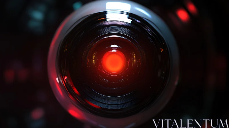 Gleaming robotic eye glows calmly in cinematic darkness