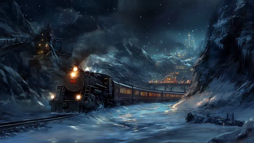 Steam locomotive crosses snowy gorge toward luminous winter city