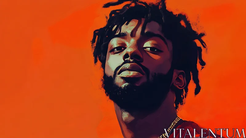 Digital portrait of man with beard on solid orange backdrop.