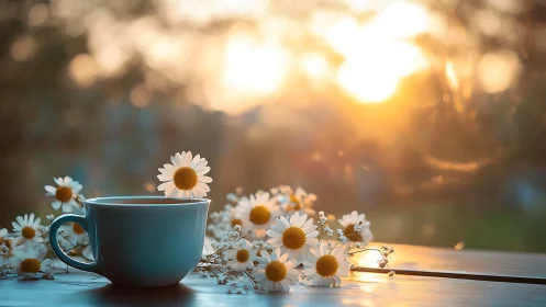 Ceramic cup and daisies catch warm sunset backlighting