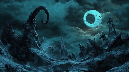 Moon-ring grins over a clawed wasteland of frozen tides