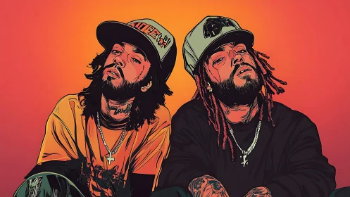 Urban hip hop duo posed against vivid orange gradient backdrop