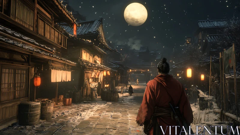 Moonlit samurai stroll through a quiet snowy street.