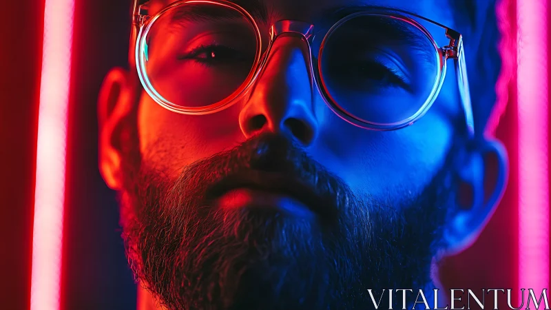 Neon portrait of bearded man in glasses under vivid lights.