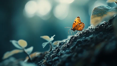 Lone amber butterfly pausing on a twilight forest ledge.