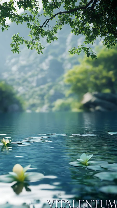 Serene lakeside lilies render depth with soft atmospheric blur
