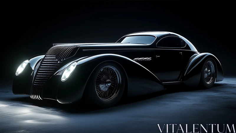 Streamlined black retro coupe glows under dramatic studio light.