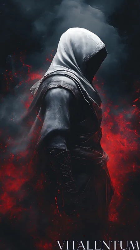 Hooded assassin figure standing in red smoke and shadow.