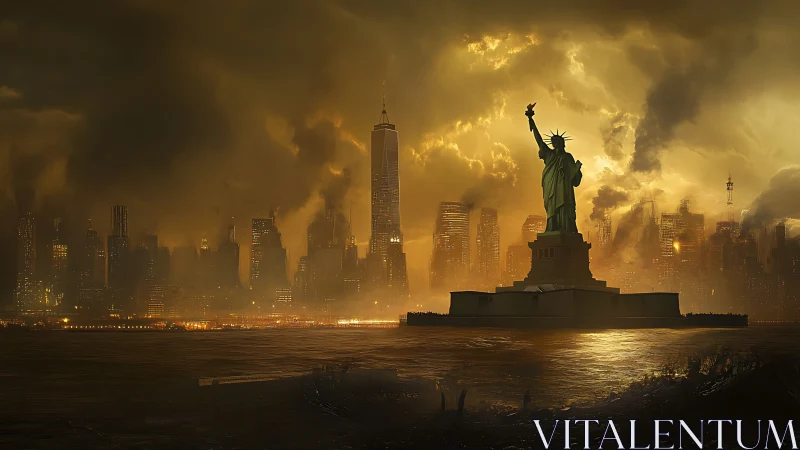Apocalyptic New York skyline with Liberty monument silhouette.