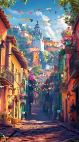 Sunlit hillside fiesta street under ribbons of color and bells.