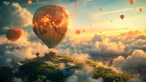 Sunlit balloon meadow drifting above a dreamlit city.