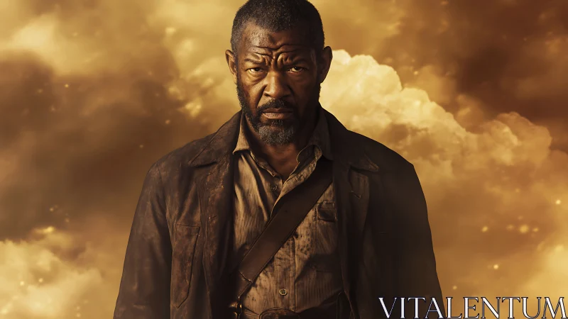 Middle aged man stands against dramatic golden clouds