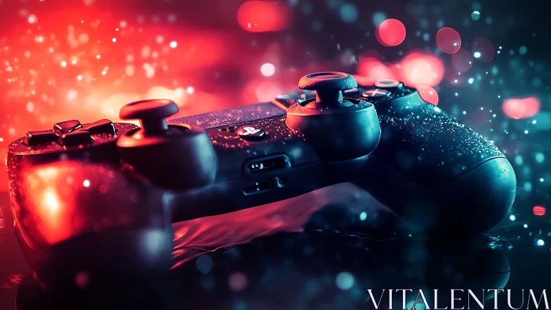 PlayStation controller closeup with neon red blue glow.
