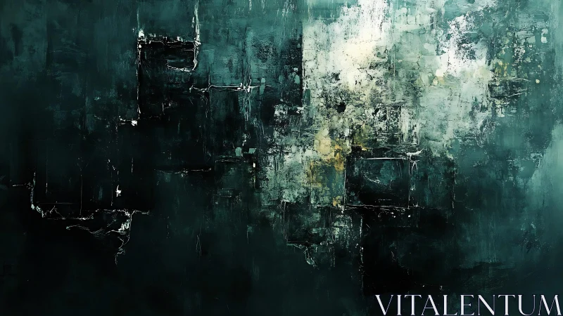 Abstract teal and black textured painting with geometric details.