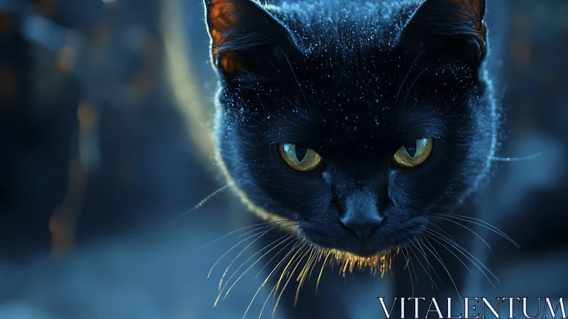 Black Cat Portrait with Golden Eyes and Atmospheric Illumination.