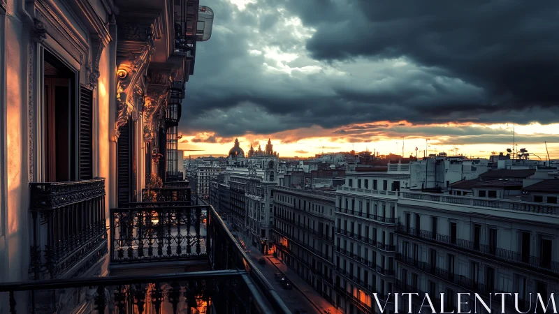 Balcony glow over brooding city avenue at stormy sunset.