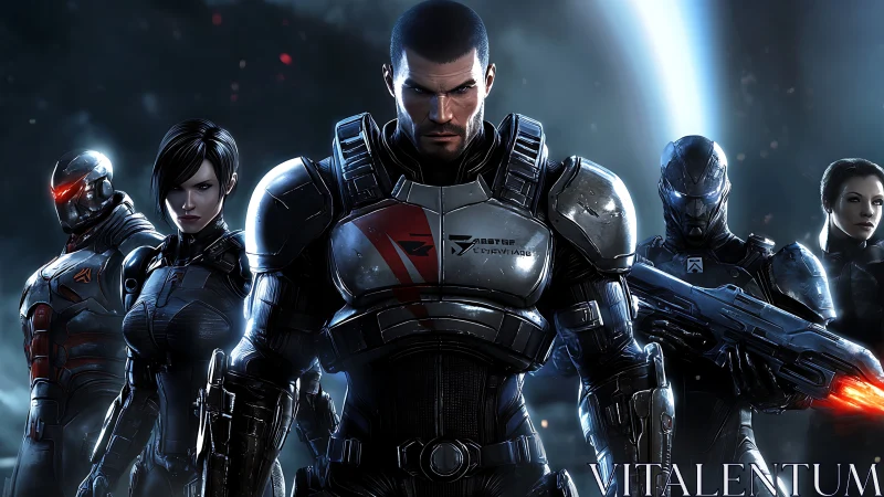 Armored sci fi squad stands ready in dark space setting.