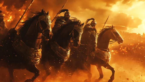 Flaming cavalry charge under blazing golden war skies.