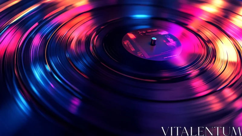 Spinning vinyl record with vivid neon colored light reflections.