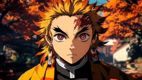 Intense anime warrior portrait in autumn temple courtyard