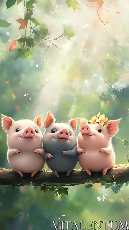 Three stylized baby piglets perched on forest branch, bokeh light
