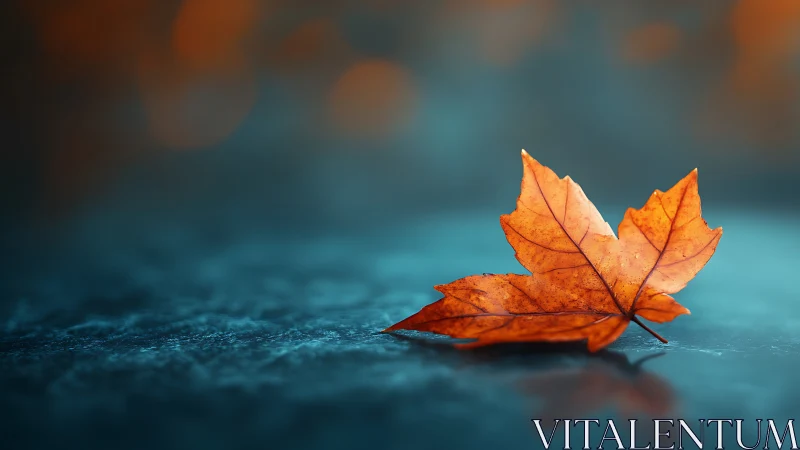 Autumn maple leaf glows against cool teal bokeh ground.
