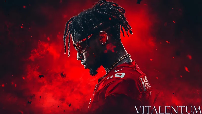 Digital portrait of football player in red smoke aura.