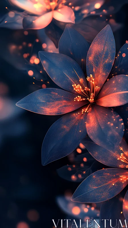 Luminous blue-orange digital blossoms over dark bokeh field.