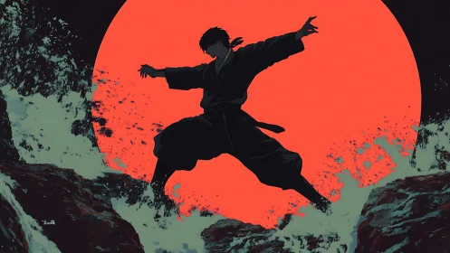 Martial silhouette leaping across waves before crimson sun.