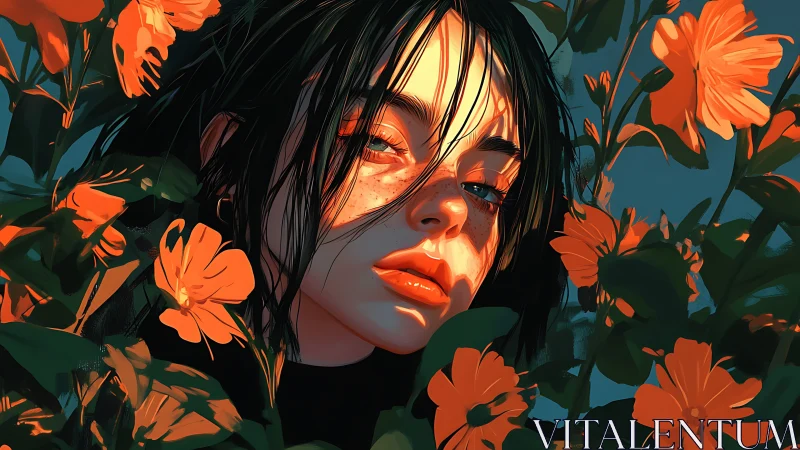 Softly lit freckled girl resting among bold orange blooms.
