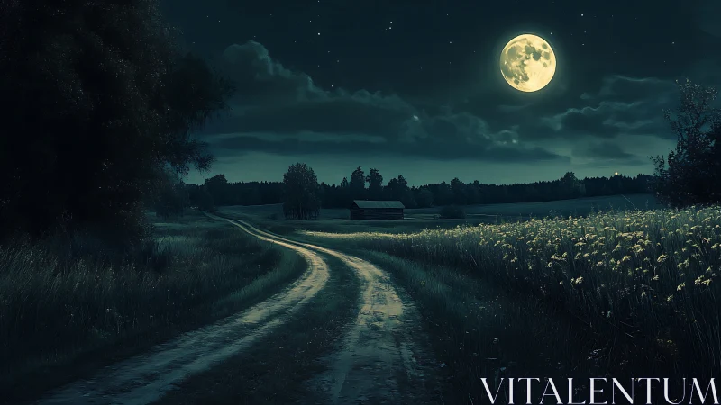 Rural dirt road under full moonlight with luminous cloud cover
