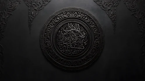 Monochrome circular Arabic calligraphy medallion in relief.