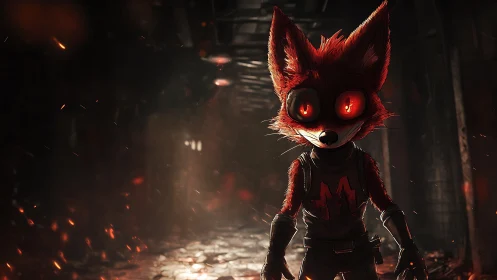 Anthropomorphic fox stands in burning corridor with embers