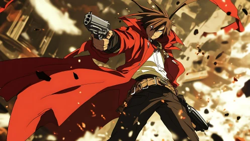 Gunfire draped in crimson stormcoat amid shattering skyline.