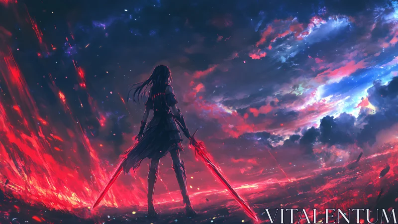 Lone skyward warrior bathed in red and twilight fire.