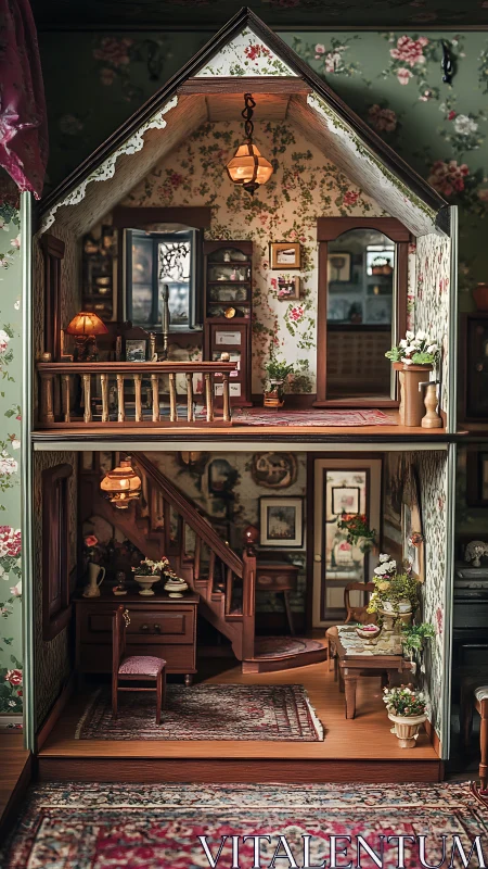 Victorian-style dollhouse interior with floral d&eacute;cor.