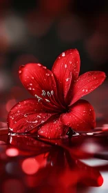 Red amaryllis macro floats on reflective liquid surface