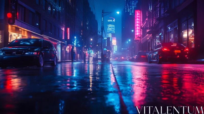 Cyberpunk rain-soaked avenue with neon-laced reflections at night.