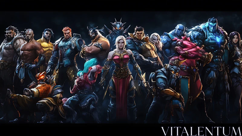 Heroic fantasy champions stand united in bold battle-ready line