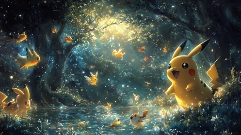 Pikachu characters gathering in glowing fantasy forest pond
