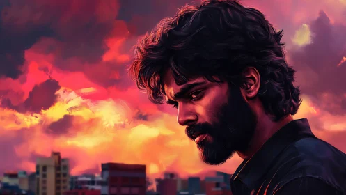 Moody digital portrait of pensive man over neon sunset skyline