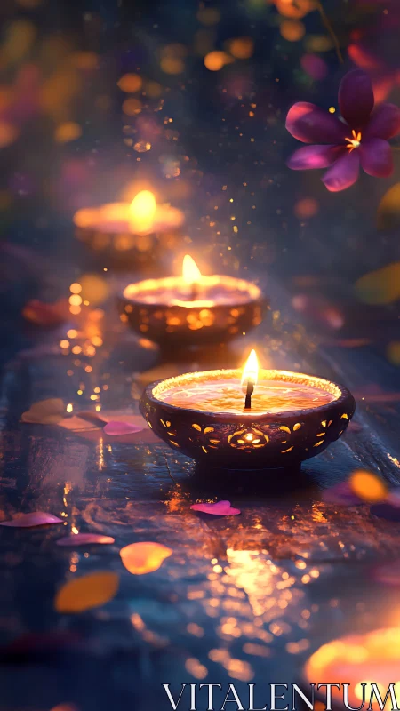 Decorative oil lamps with petals on a reflective surface.