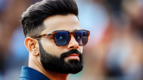 Sunglass sheen crowns a sharply groomed modern portrait