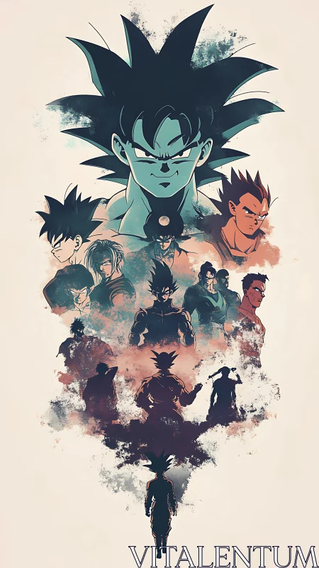 Saiyan warrior evolution rendered in layered ink silhouettes