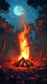 Bonfire beneath moonlit sky with fiery spirits ascending.
