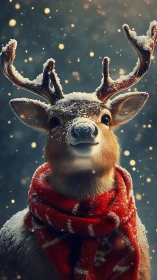Snow-covered reindeer portrait displays red scarf and antlers