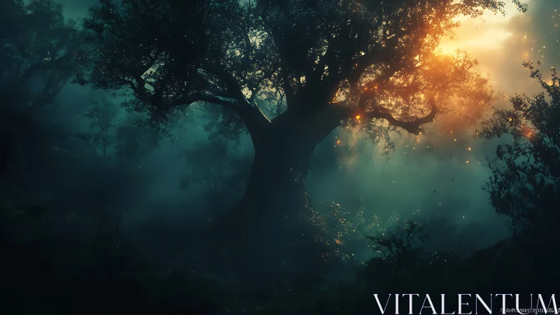 Golden dusk light gently crowns an ancient forest tree