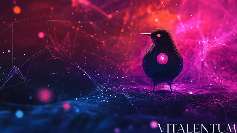 Neon cybernetic bird silhouette intersects luminous data mesh