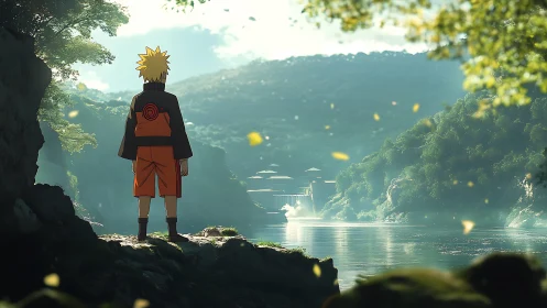 Backlit shinobi silhouette surveying luminous river valley.